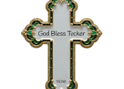 Personalized green and gold cross Christmas ornament with custom blessing or special message and year.