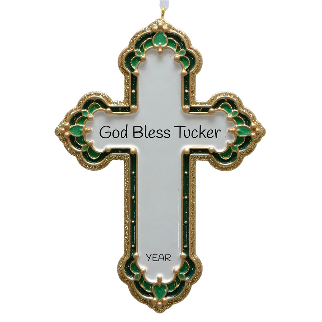 Personalized green and gold cross Christmas ornament with custom blessing or special message and year.