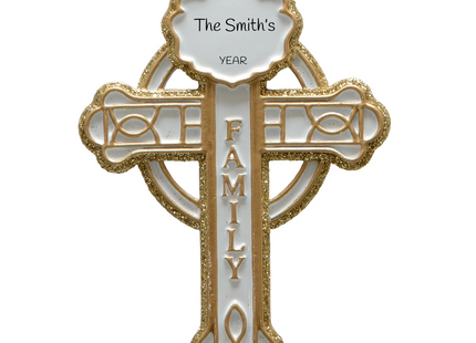 Personalized white and gold family cross Christmas ornament with custom family name and year.
