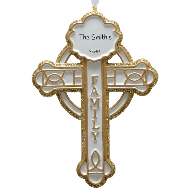 Personalized white and gold family cross Christmas ornament with custom family name and year.