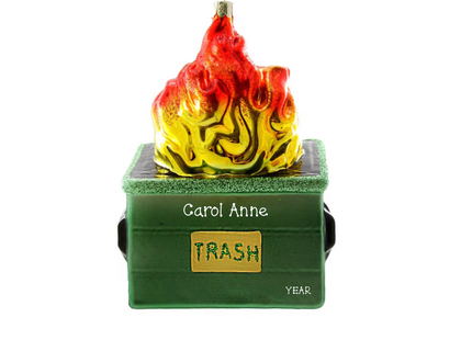 Personalized dumpster fire Christmas ornament with flaming trash dumpster, custom name and year