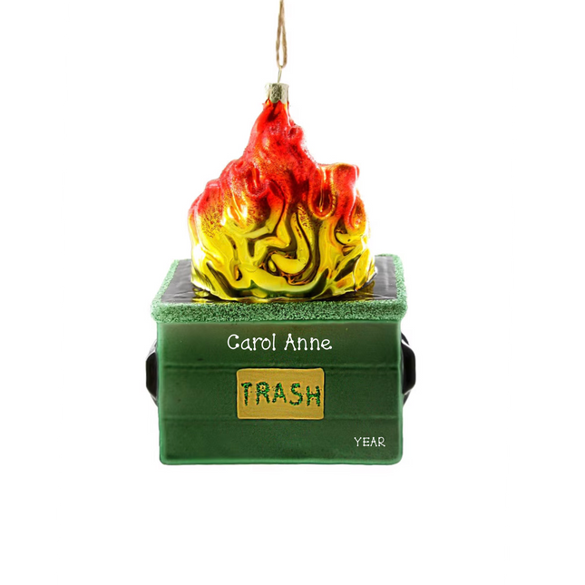 Personalized dumpster fire Christmas ornament with flaming trash dumpster, custom name and year