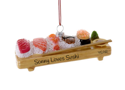 Personalized sushi lover Christmas ornament with sushi rolls, sashimi, chopsticks, custom message and year