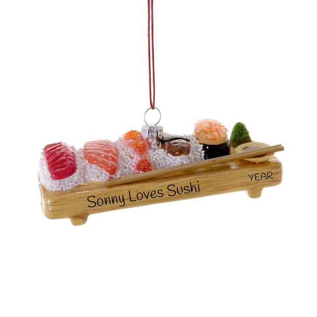 Personalized sushi lover Christmas ornament with sushi rolls, sashimi, chopsticks, custom message and year