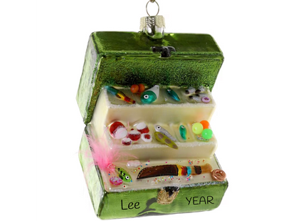 Personalized fishing tackle box Christmas ornament with colorful lures, fishing gear, custom name and year