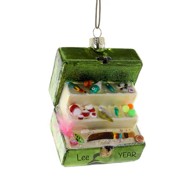 Personalized fishing tackle box Christmas ornament with colorful lures, fishing gear, custom name and year