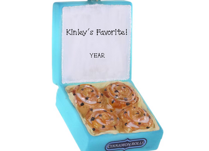 Personalized cinnamon rolls Christmas ornament with open bakery box, custom message and year