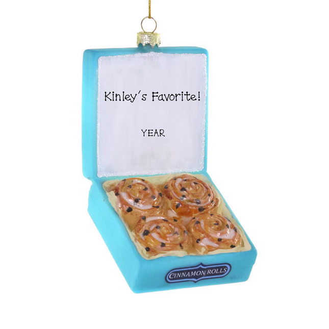 Personalized cinnamon rolls Christmas ornament with open bakery box, custom message and year