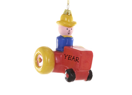 Personalized vintage toy tractor Christmas ornament with colorful retro tractor, toy driver and custom year