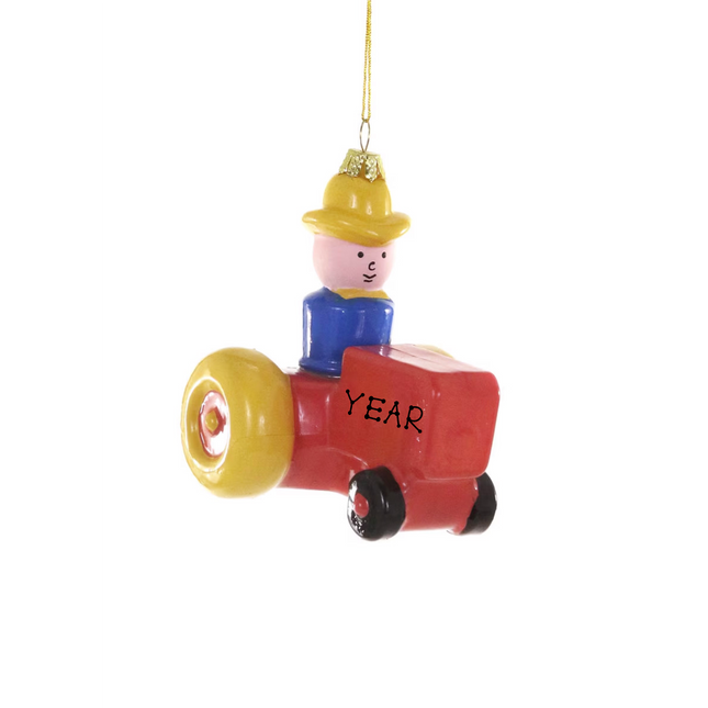 Personalized vintage toy tractor Christmas ornament with colorful retro tractor, toy driver and custom year