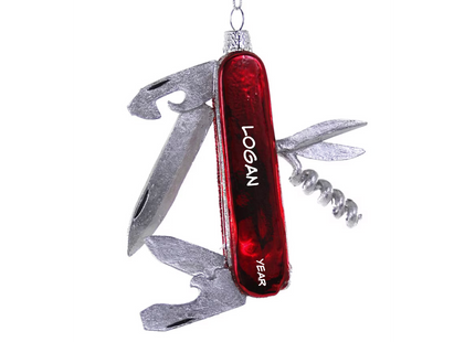 Personalized multi tool Christmas ornament with red pocket tool, custom name and year for handyman or DIY enthusiast
