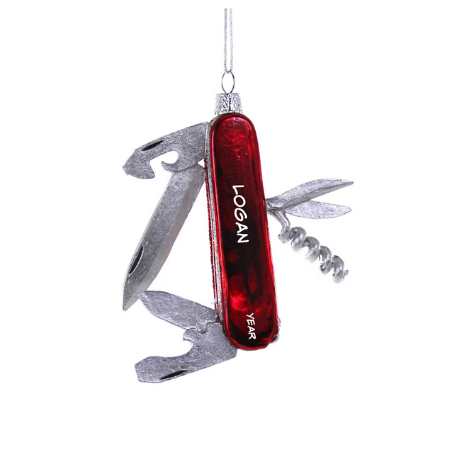 Personalized multi tool Christmas ornament with red pocket tool, custom name and year for handyman or DIY enthusiast