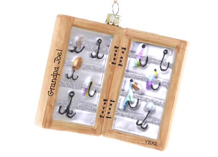 Personalized fishing tackle box Christmas ornament with hooks and colorful lures, custom name and year for fisherman