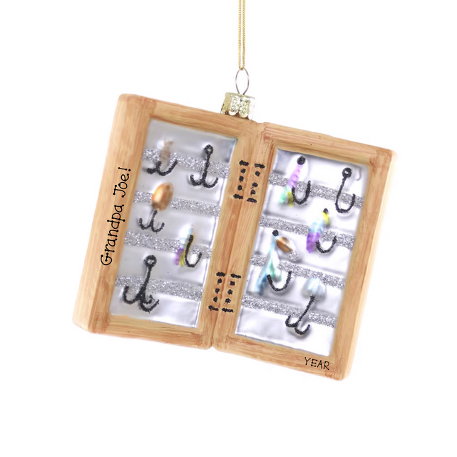 Personalized fishing tackle box Christmas ornament with hooks and colorful lures, custom name and year for fisherman