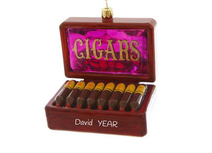 Personalized cigar box Christmas ornament with open box of cigars, custom name and year for cigar enthusiast