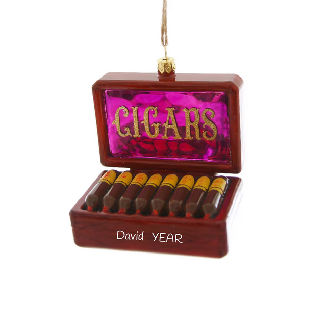 Personalized cigar box Christmas ornament with open box of cigars, custom name and year for cigar enthusiast