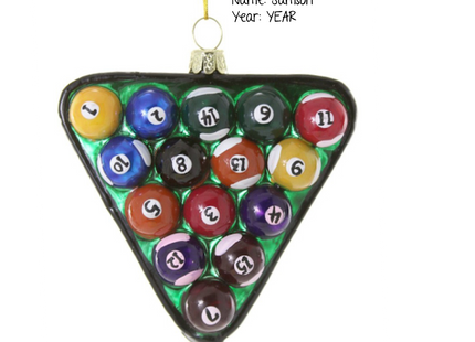 Personalized billiards Christmas ornament featuring colorful pool balls in triangle rack with custom name and year on back