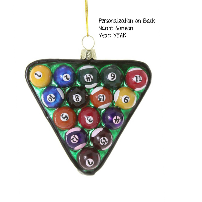 Personalized billiards Christmas ornament featuring colorful pool balls in triangle rack with custom name and year on back