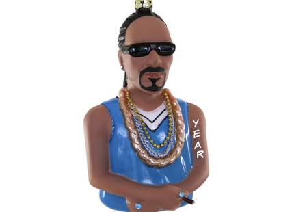 Personalized Snoop Dogg Christmas ornament with sunglasses, braids, chains, blue outfit, cigar and custom year