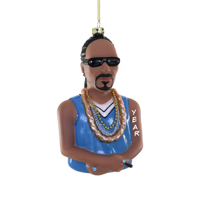 Personalized Snoop Dogg Christmas ornament with sunglasses, braids, chains, blue outfit, cigar and custom year