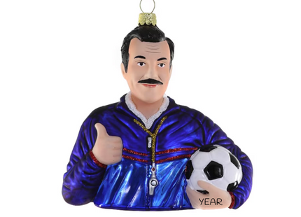 Personalized Ted Lasso Christmas ornament with blue coaching tracksuit, mustache, whistle, soccer ball, thumbs up and custom year