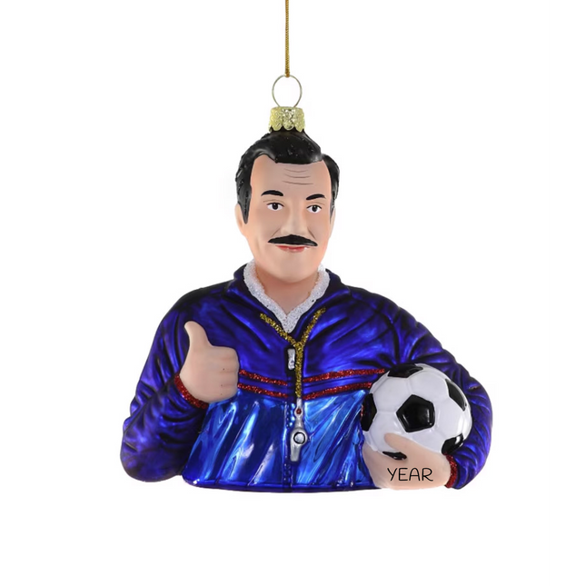 Personalized Ted Lasso Christmas ornament with blue coaching tracksuit, mustache, whistle, soccer ball, thumbs up and custom year