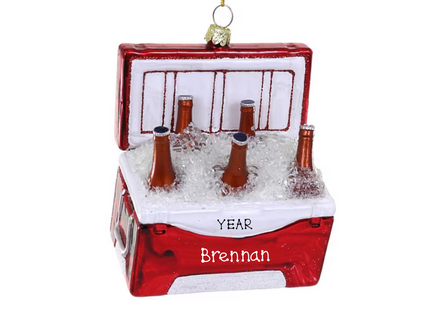 Personalized beer cooler Christmas ornament with red ice chest, bottles, ice, custom name and year