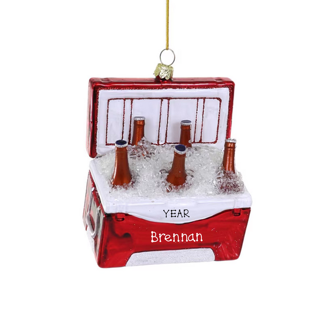 Personalized beer cooler Christmas ornament with red ice chest, bottles, ice, custom name and year
