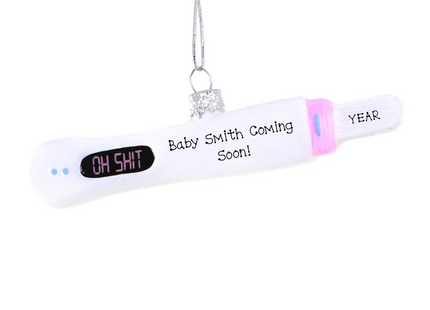 Personalized pregnancy announcement Christmas ornament shaped like positive digital pregnancy test with custom name and year