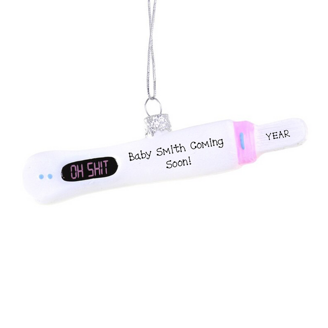 Personalized pregnancy announcement Christmas ornament shaped like positive digital pregnancy test with custom name and year