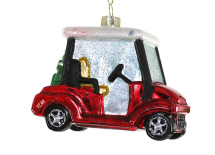 Red golf cart glass Christmas ornament with golf clubs and sparkling details