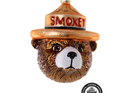 Personalized Smokey Bear Christmas ornament with custom name and year, officially licensed outdoor and camping keepsake