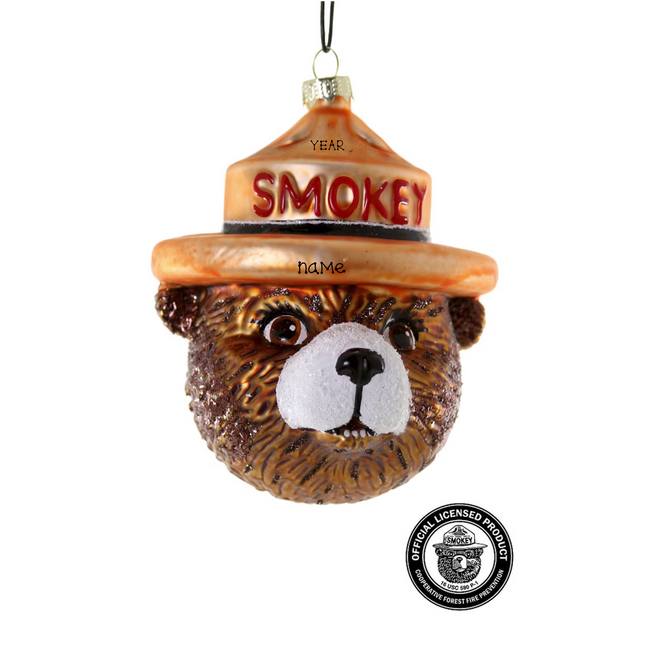 Personalized Smokey Bear Christmas ornament with custom name and year, officially licensed outdoor and camping keepsake