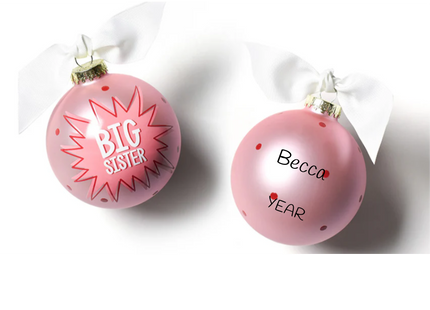 Personalized Big Sister pink glass ball Christmas ornament with custom name and year