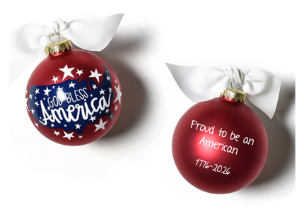 Personalized God Bless America red glass ball ornament with custom message and year