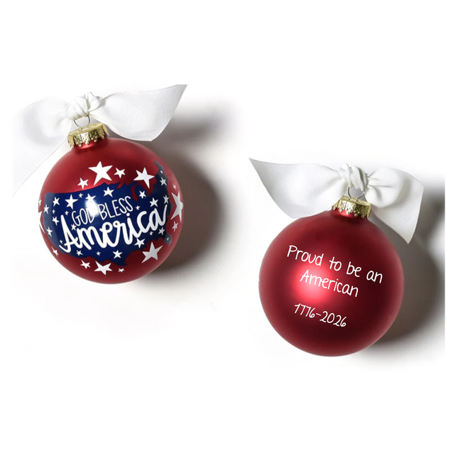 Personalized God Bless America red glass ball ornament with custom message and year
