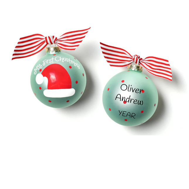 Personalized My First Christmas blue glass ball ornament with Santa hat, custom name, and year