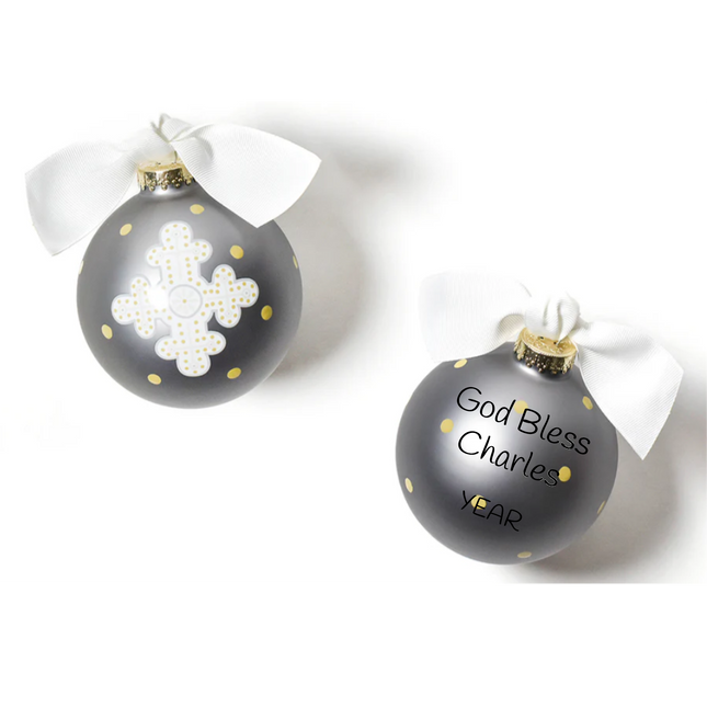 Personalized God Bless cross glass Christmas ornament with custom name and year