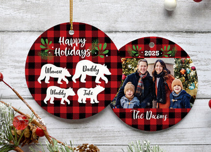 engraved personalized plaid bear family of 4 christmas ornament – Christmas ornament, holiday tree decoration or gift
