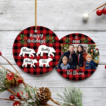 engraved personalized plaid bear family of 4 christmas ornament – Christmas ornament, holiday tree decoration or gift