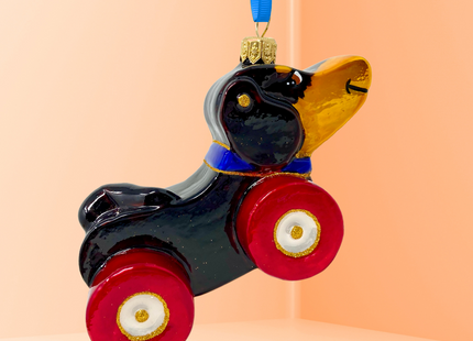 Dachshund Dog Pull Toy Glass Ornament