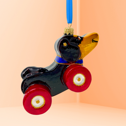 Dachshund Dog Pull Toy Glass Ornament