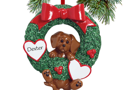 holiday personalized dog wreath - brown dog christmas ornament – Christmas ornament, holiday tree decoration or gift