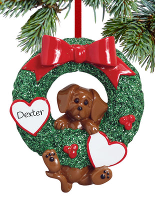 Dog Wreath - Brown Dog Ornament  by RUDOLPH AND ME Ornament