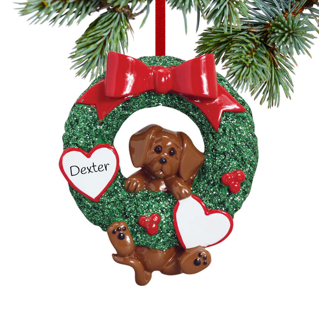 holiday personalized dog wreath - brown dog christmas ornament – Christmas ornament, holiday tree decoration or gift
