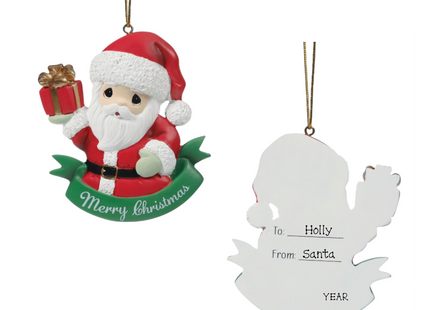 Precious Moments personalized Santa Christmas ornament holding a wrapped gift with custom To, From and year on the back.