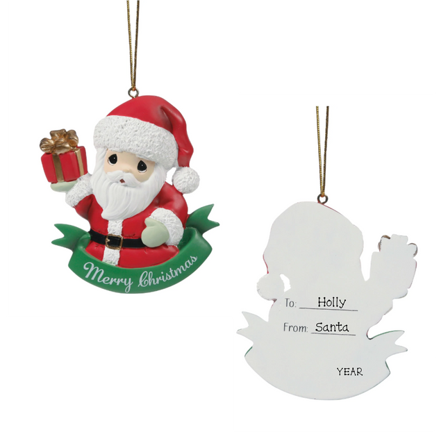 Precious Moments personalized Santa Christmas ornament holding a wrapped gift with custom To, From and year on the back.