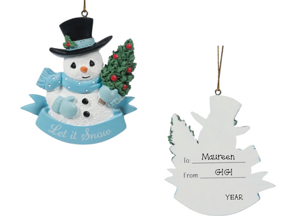 Precious Moments personalized Let It Snow snowman Christmas ornament carrying a Christmas tree with custom To, From and year.