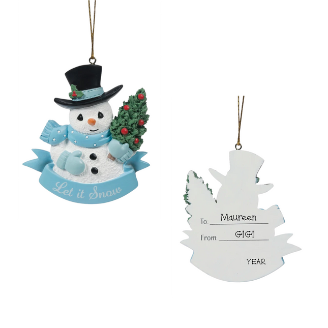 Precious Moments personalized Let It Snow snowman Christmas ornament carrying a Christmas tree with custom To, From and year.