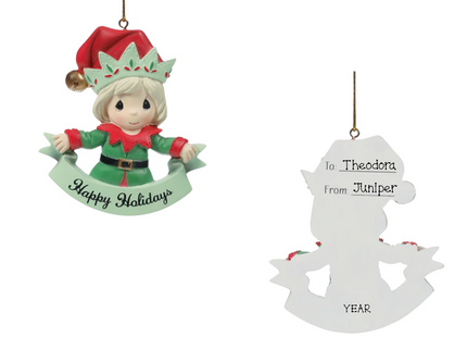 Precious Moments personalized Happy Holidays Christmas elf ornament in red and green with custom To, From and year.